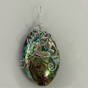 Abalone oval shell pendant hand-wrapped wire and beads 2.5”x1.5”